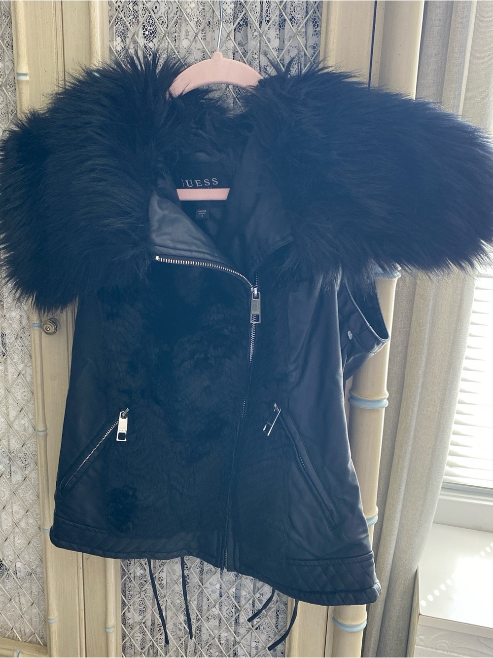 GUESS Black Faux-Fur Trim Moto Vest